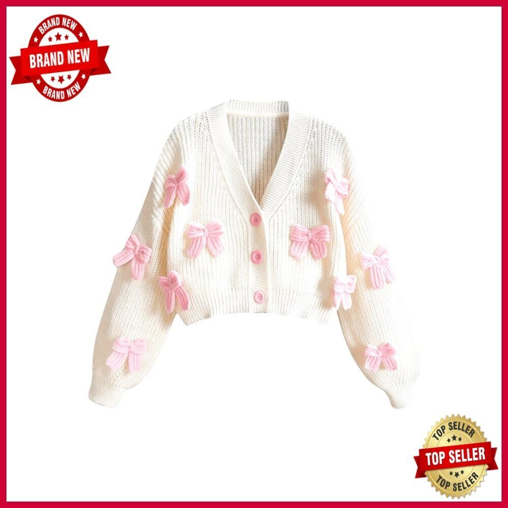 Cropped V-Neck Cardigan Sweater with Bow Detail, Loose Fit, Polyester